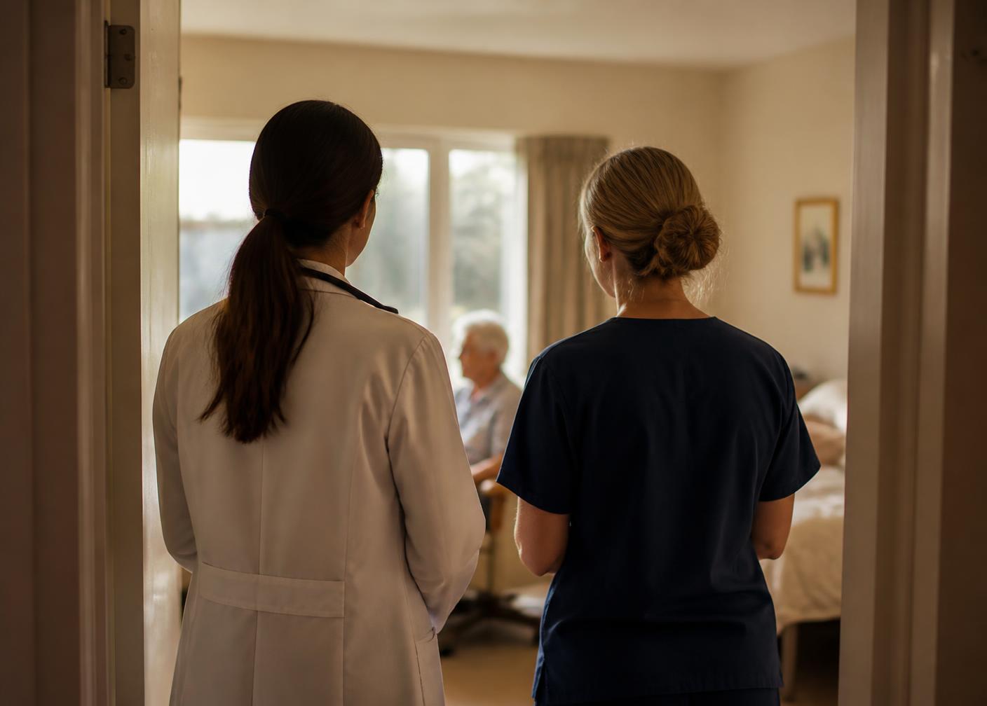 A female doctor in a white coat and a female nurse in navy scrubs seen from behind, standing together in a doorway looking ahead into a resident’s room.