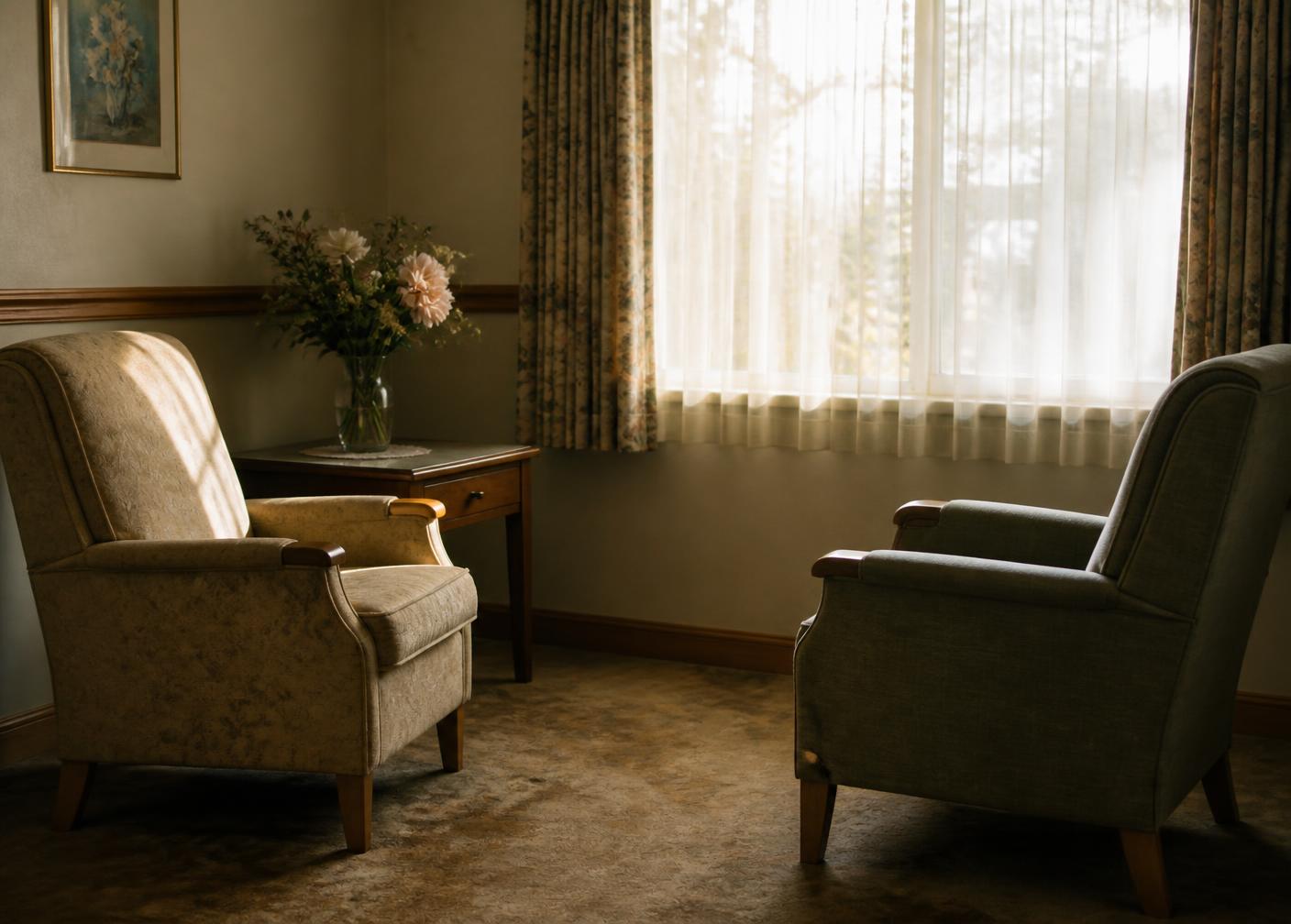 An empty sitting room in a residential aged-care home in late afternoon light, two armchairs facing each other.