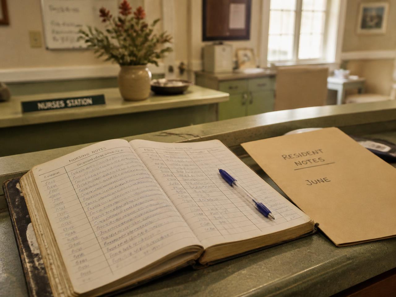 A worn paper ledger open on a nurses’ station counter in a residential aged care home