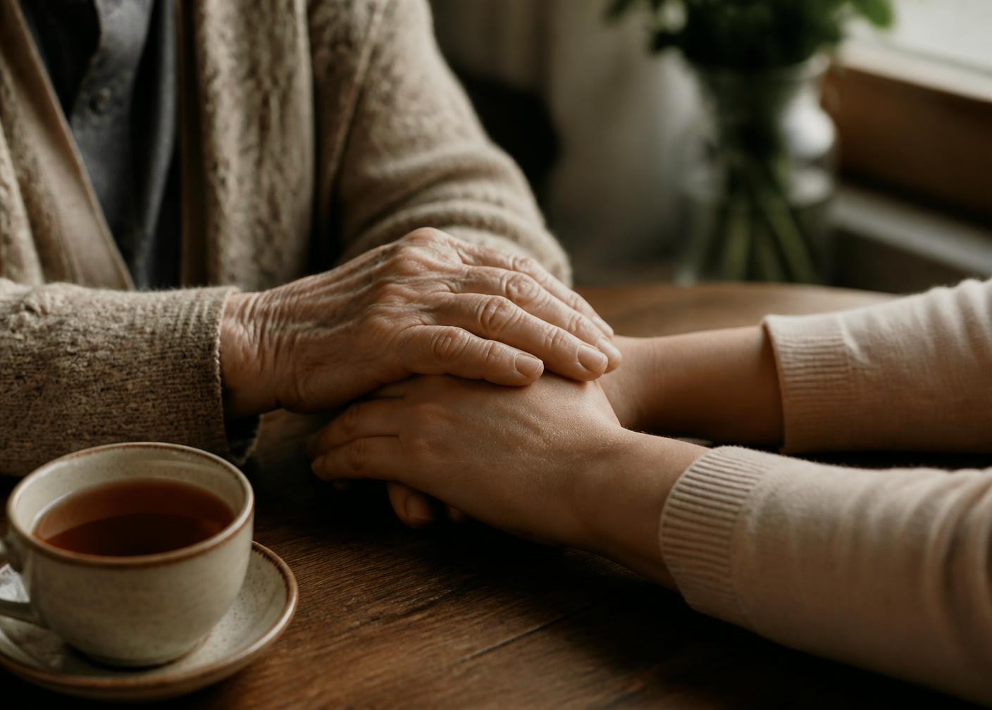 An older woman's hands resting in a younger woman's hands on a wooden table beside a cup of tea.